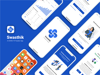 Swasthik - A Covid 19 tracker app branding design flat icon ios minimal mobile mobile app ui ux vector