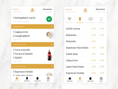 Order coffee and croissants on the go. app design ecommerce gold iconography mobile typography ui ux white