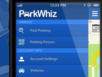 ParkWhiz iPhone App Drawer app blue icons iphone menu nav parking parkwhiz pw white