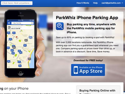 ParkWhiz App Landing Page animations app blue css3 iphone landing menu page parking parkwhiz pw white