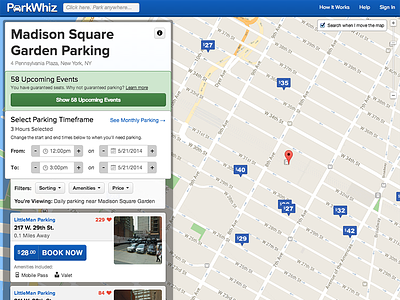 New ParkWhiz Search blue layout list listing map parkwhiz search