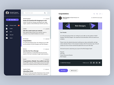 Email App UI Design Concept | Rish Designs adobexd app dailyui dashboard email email design email template free figma landingpage minimal product design rish designs ui ui design uiux ux uxui web deisgn web design website design