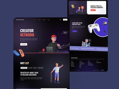 Creator Network 3D Website UI Design | Rish Designs 3d illustration website 3d web design 3d website design artist website design best website dark theme creator website design dailyui dark mode ui dark theme website ui design dark ui figma figma website design india ui designer rish designs ui ui design ux vlogger website design web design web design trend 2023