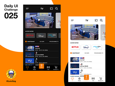 Daily UI Challenge 025 - TV app dailyui dailyui025 dailyuichallenge dark mode french helvetica neue mobile app orange redesign smart tv tv tv app ui