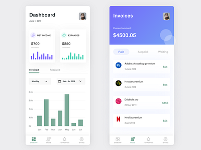 DailyUI 046 - Invoices adobe xd android app bill branding dailyui dashboad design dribbble flat illustration interaction invoices ios ios13 minimal typography ui uidesignpatterns ux vector