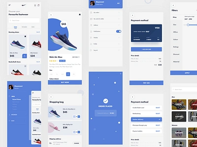 Uplabs Nike app redesign free UI kit adobe xd android app branding cart dailyui design dribbble ecommerce design flat interaction design ios minimalism nike redesign shoe shopping cart typography ui ui design ux