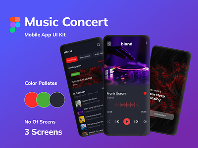 Music Concert App Screens Design Kit app app design clean clean design concert dark figma ios iphone mobile music online concert search social theme ui design ui kit uiux user interface ux design