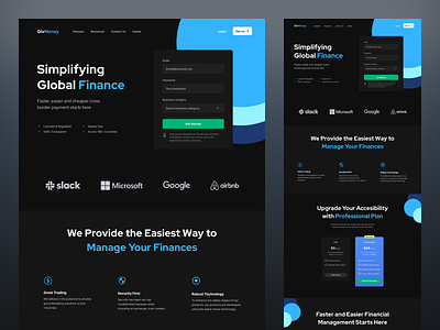 GivMoney (Dark Mode) · Fintech Service Landing Page design financial fintech landing page ui webdesign website