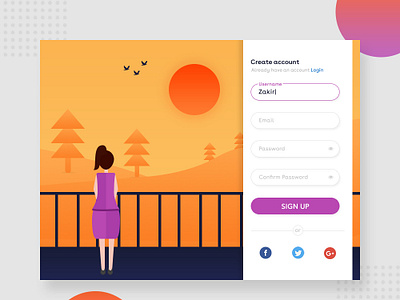 Sign up page 001 100daychallenge create account daily challange dailyui debutshot dribbble shot form design illustration minimalist social icon sunset vector art woman illustration