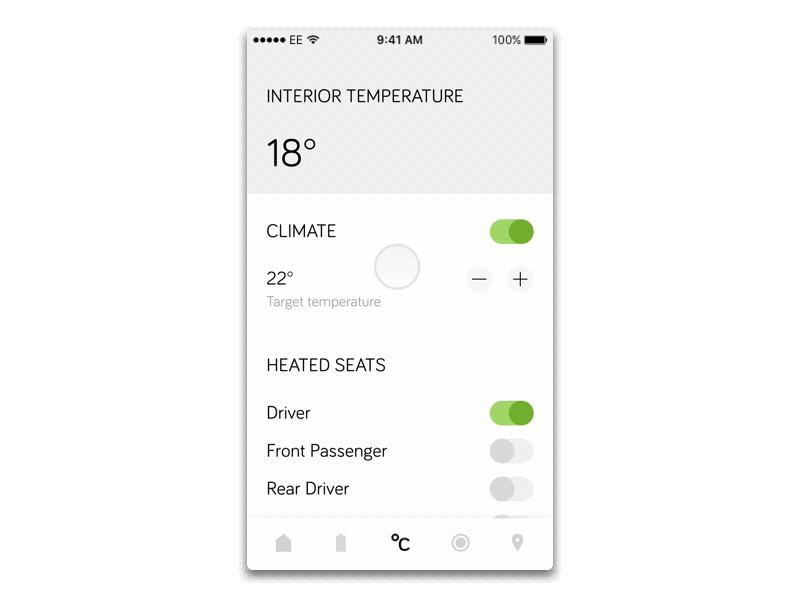Climate page for Tesla app clean climate scroll simple temperature tesla toggle