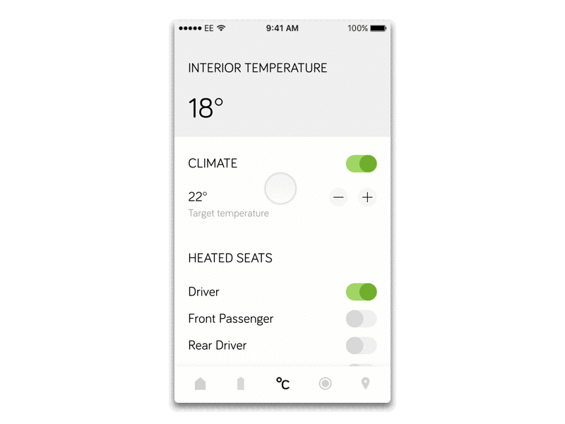 Climate page for Tesla app