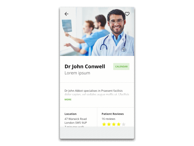 Doctor Profile page app contact directions favourite. horizontal page profile scroll vertical