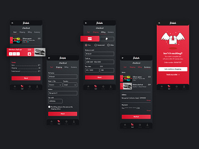 Check out flow black app cart checkout checkout flow credit card dailyui dark app design exciting grey app kitchen wear red and black red gradient swipe ted ui uidesign ux uxdesign wings