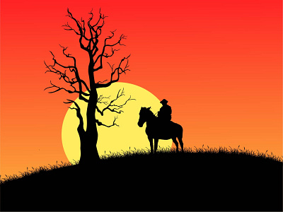man on horse cowboy horse illustraion sunset