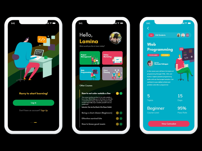 Learnovate: More screens mockup education mobile app illustrations spacing color typography ux ui
