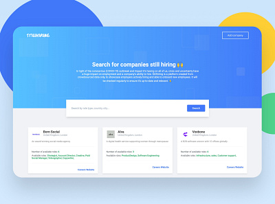 Still hiring - Search for companies still hiring app clean community companies coronavirus hiring interface design job application jobboard landingpage minimal startups storytelling talent ui ui ux web design website