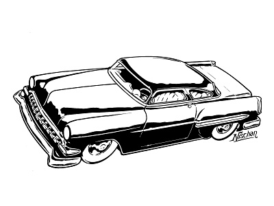 54 Chevy Full Kustom black and white brush and ink india ink