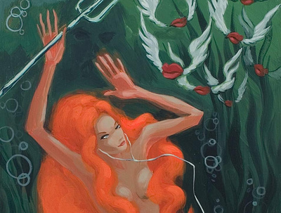 Reaper of the Deep acrylic mermaid painting pitchfork