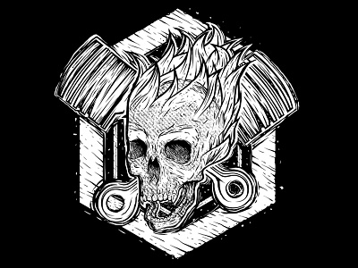 Skull Flame black fire grunge mechanics piston skull