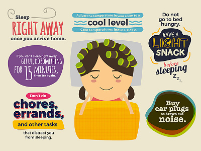 How To Have A Good Sleep colorful cool level cool temperature do something for 15 minutes ear plugs have a light snack illustrations illustrator infographics sleep right away typo typography