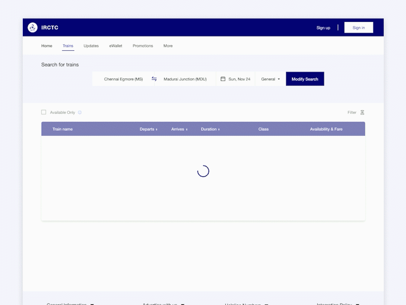 IRCTC booking page - Redesign animation animation design booking booking system color design interaction interaction design railway ticket ticket booking trip ui webpage design website