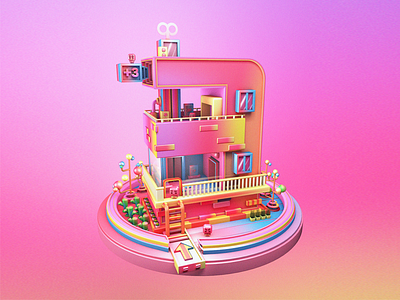 3 c4d garden house pink three