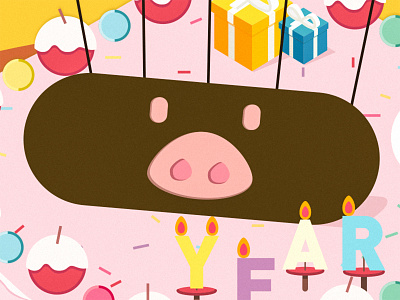 pig 2019 cake candle chocolate fruit gift illustration new years pig pink