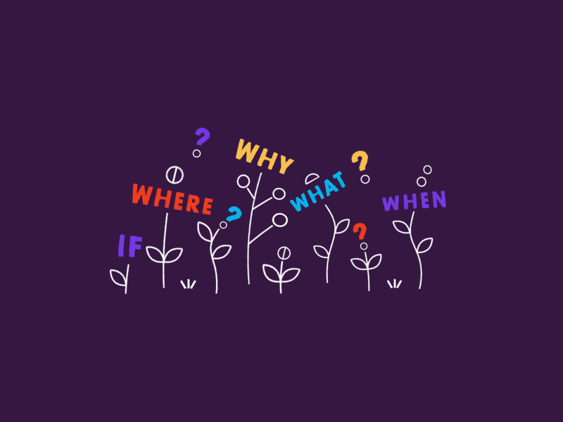 Answers In Reality 2d after affects animation branding flower font gif icon illustration logo motion graphics plants purple question typography vector