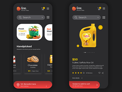 Dark theme groceries online shopping app adobe app design branding design color dailyui dark mode dark ui design ecommerce ecommerce design flipkart illustration minimal shots typeface uidesign uidesigner uiux ux uxui