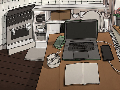 Workspaces desk illustration line drawing procreate