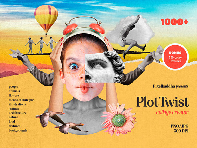 Plot Twist Collage Creator animals clipart collage creator cutouts elements flowers food herbarium illustrations modern moodboard noise objects people plants retro texture transport vintage