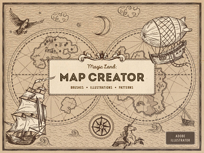 Magic Lands: Vintage Map Creator antique authentic border brushes clipart compass creator fantasy generator island map nautical navigation pattern pirate ship sky vector vintage water