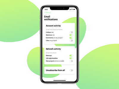 Settings #dailyui 007 007 dailyui green mobile notifications settings toggle ui