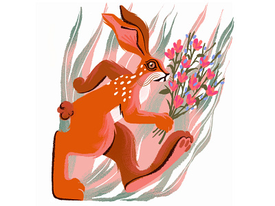 Big Boy with Flowers bunny character characterdesign clip studio paint digital illustration digital painting flowers hare illustration leaves nature orange pink rabbit texture