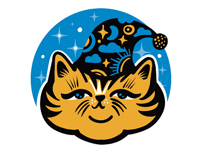 Wizard Cat Emblem cat character character design design emblem flat icon illustration moon stars sun wizard