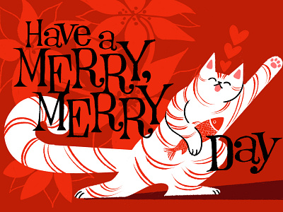 Joyous Christmas Cat candy cane cat christmas dancing design fish hand lettering holiday illustration kitty lettering poinsettia red retro vingage vintage
