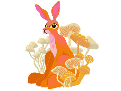 Orange Rabbit Amongst Mushrooms bunny digitalart drawing flat hare illustration magic mushrooms nature orange pink psychedelic rabbit