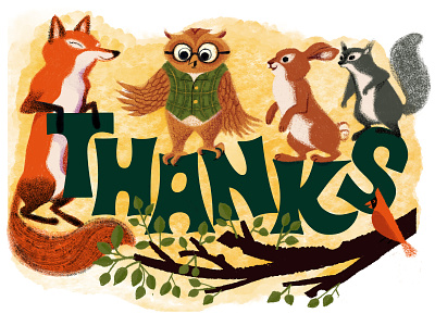 Forest friends thank you card animals character character design design digitalart digitalillustration forest fox hand lettering illustration owl rabbit squirrel texture