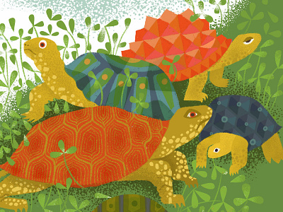 Five turtles clover grass illustration pattern turtles