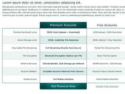 Account Types Table features green packages pricing table