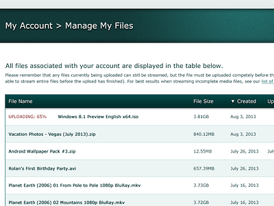 Manage Files Table green grid list manage table