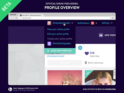 Favics — Profile overview beta destroythestandard dropdown favics hamburg profile overview profile switch sneak peek startup ui ux