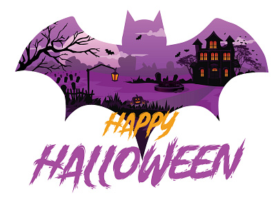 Halloween Bat Graveyard Haunted House Landscape Illustration bat design graphic design graveyard halloween halloween illustration halloween landscape happy halloween illustration jack o lantern landscape minimal pumpkin scary spooky trick or treat vector