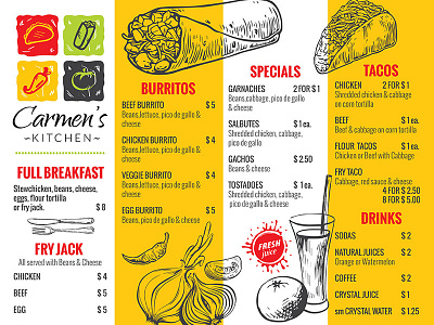 Carmen's Kitchen Menu color design food illustration indesign layout menu typography