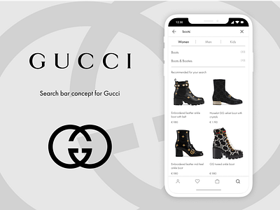 Search Bar Concept x Gucci app clean ecommerce fashion figma grey gucci iphone luxury minimal minimalism mobile mockup search search bar shoe ui uidesign ux white