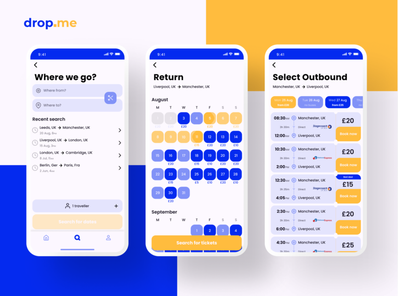 drop.me - Bus sharing app app blue booking bus carpool clean coach figma ios iphone journey mobile orange schedule sharing ticket timetable travel ui ux