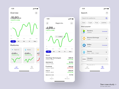 invst.io mobile app - case study app cards case chart clean crypto dark mode dashboard design figma invest market mobile platform portfolio stock ui ux ux design white