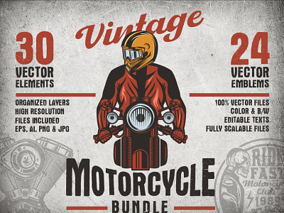 Vintage Motorcycle Emblems and Elements Bundle american biker drawing helmet motorbike motorcycle racer riding vector vintage