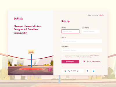 Dribbble SignUp dribbble join us login screen sign in sign up form welcome screen welcome shot