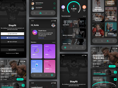 Fitness Mobile App card design dark mode design flat design mobile app mobile design ui ux visual design